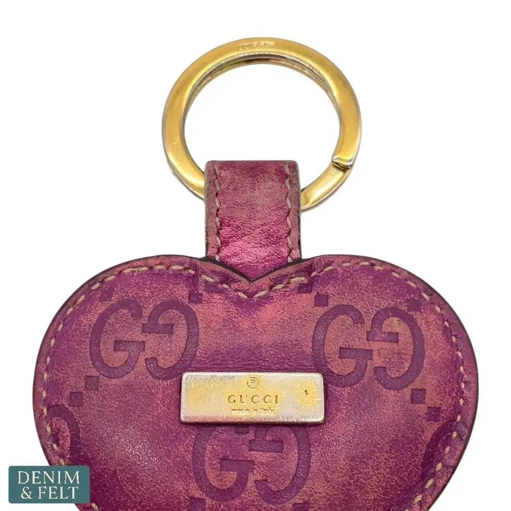 Gucci Monogram Leather Heart Key Ring in Magenta Pink‎ with Gold Hardware